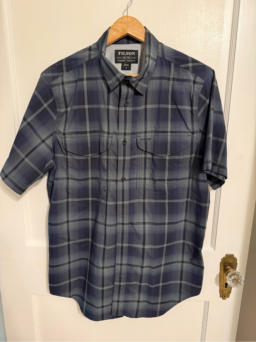 Filson Blue and Gray Plaid Short Sleeve Button-Down Shirt